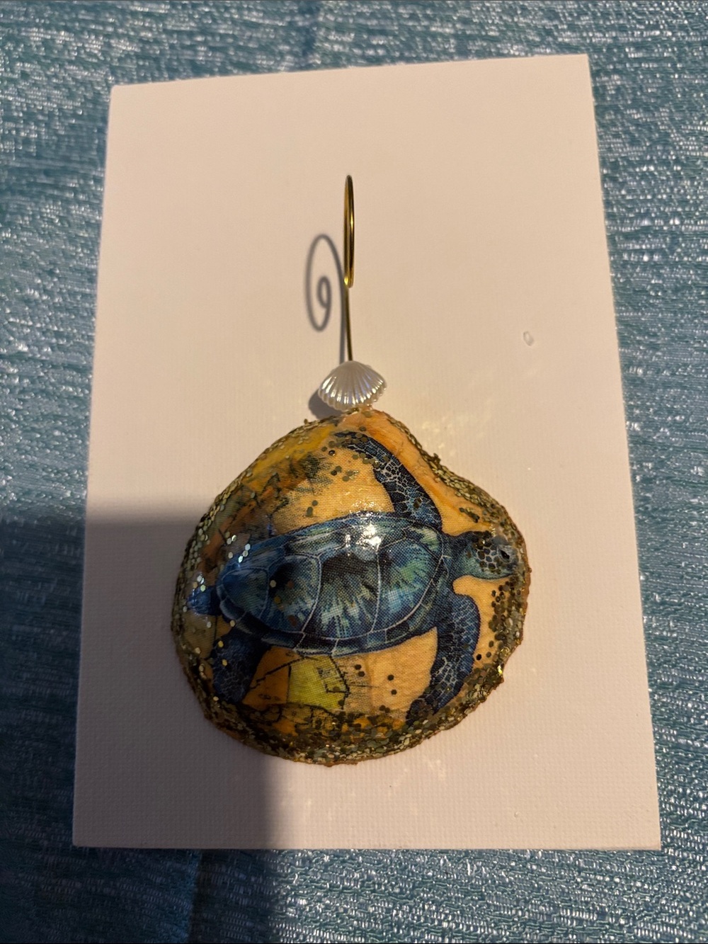 Decoupage Blue Turtle Reptile Ornament - Blue and gold sparkles